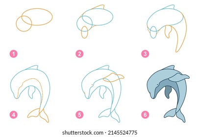 Instructions for drawing dolphin. Step by step.