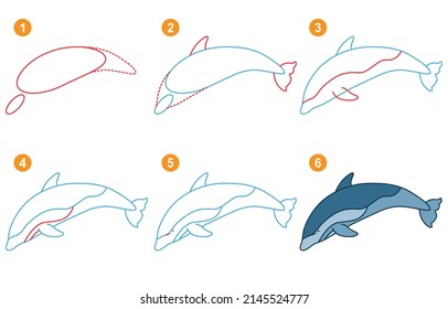 Instructions for drawing dolphin. Step by step.