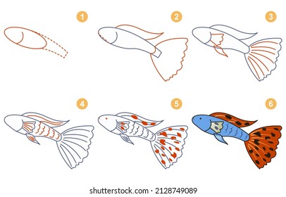 Instructions for drawing guppy. Step by step.