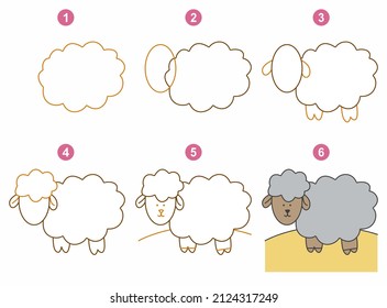 Instructions for drawing lamb. Step by step.