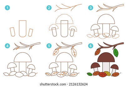 Instructions for drawing porcini mushrooms. Step by step.