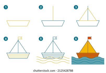 Instructions for drawing sailboat. Step by step.