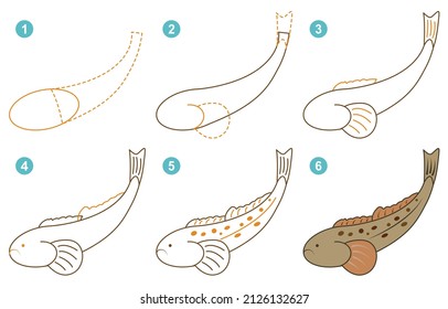 Instructions for drawing scorpionfish. Step by step.