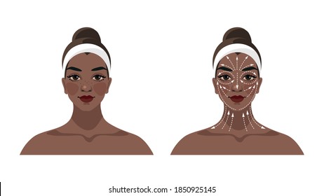 Instructions for face and neck massage, face building, lifting and lymphatic drainage, anti-aging beauty care for women. Scheme of massage lines. Cartoon vector illustration isolated on white