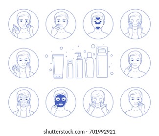 Instructions for facial care: nutrition, moisturizing, toning, cleansing.Line style.Isolated on white background.Easy to change color.Vector illustration.