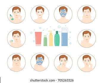 Instructions for facial care nutrition, moisturizing, toning, cleansing.Isolated on white background.Easy to change color.Vector illustration.