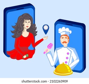 Instructions for the food delivery service. The girl orders in the online store through the mobile delivery application. Chef preparing food. On the mobile phone screen 
