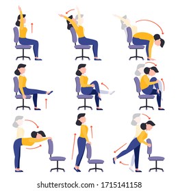 Instructions girl doing exercises on an office chair. Set of women workout for healthy back, neck, arms and legs. Sport for the wellbeing of workers. Vector illustration isolated on white background.