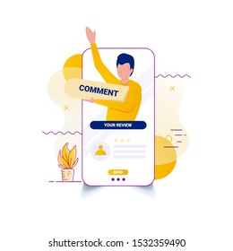 Instructions for giving comment and review with flat illustrations for the mobile application