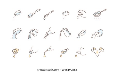 Instructions how to Add Salt, Eggs, Milk and other Cooking Ingredients. Kitchen Measurement for Liquids and Dry Ingredients. Various Dishes Directions. Flat Line Vector Illustration and Icons set.