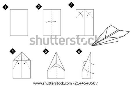 Instructions how to make origami airplane. Black and white colors. Vector step by step tutorial monochrome illustration.