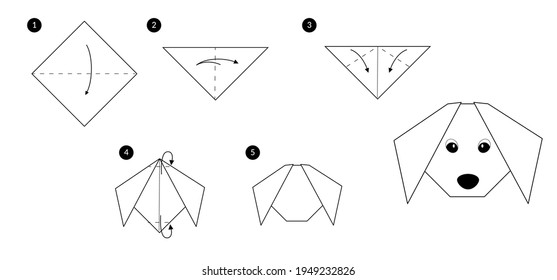 Instructions how to make origami dog head. Black line monochrome step by step illustration isolated on white.