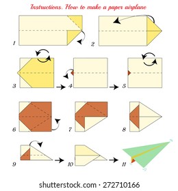 Instructions How To Make Paper Airplane. Paper Plane Tutorial Step By Step. Vector Airplane. Educational Game For Kids. Visual Game. Airplane Paper Plane On Isolated Background. Colorful Airplane