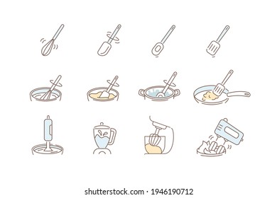Instructions how to Mixing, Stirring, Whipping Different Cooking Ingredients in Mixing Bowl. Kitchen Guides. Flat Line Vector Illustration and Icons set.