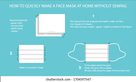 Instructions for how to quickly create disposable face masks at home with gauze and viscose wipes without sewing. Shown with clear illustrations and a brief description of the action. Vector image