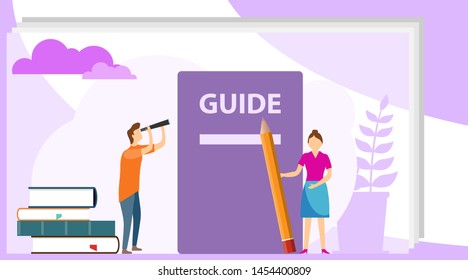 Instructions Manual Concept. User manual flat style vector concept. People, surrounded with some office stuff, are discussing content of guide book. User Information, Business Element.