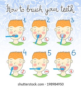 Instructions on how to brush your teeth for kids with boy with toothbrush and cartoon teeth. Easy learn how to brush teeth for children. Vector illustration