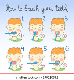 Instructions on how to brush your teeth for kids with boy with toothbrush and cartoon teeth. Easy learn how to brush teeth for children. Vector illustration