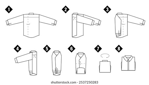 Instructions on how to fold shirt. Black and white line art step-by-step illustration. Life hack about clothes.