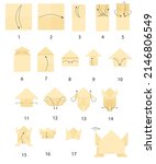 instructions on how to make a jumping paper frog step by step. handmade paper crafts. origami. reference. flat vector.
