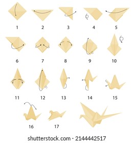 Instructions On How To Make Paper Crane Step By Step. Origami. Flat Vector Isolated On White Background.