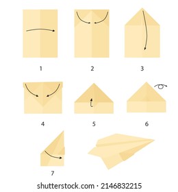 Instructions On How To Make A Paper Airplane Step By Step. DIY Paper Crafts. Origami. Flying Paper Plane. Tutorial. Flat Vector.