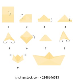 Instructions On How To Make A Paper Boat Step By Step. Origami. DIY Paper Crafts. Kids Toys. Flat Vector.