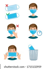 instructions on how to properly put on, wear and remove the mask. boy in a mask on a white background. vector illustration