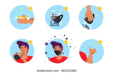 Instructions on how to put on a medical mask. Prevention of disease. Wash their hands. Remove from packaging. Put it on your face. Don't be afraid of viruses. A set of colored icons.