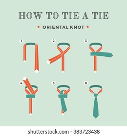 Instructions on how to tie a tie on the turquoise background of the eight steps. Oriental knot . Vector Illustration