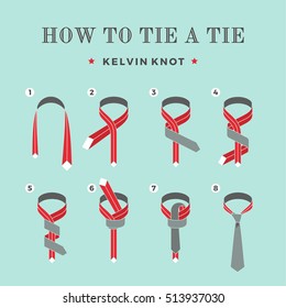 Instructions on how to tie a tie on the turquoise background of the eight steps. Kelvin knot . Vector Illustration