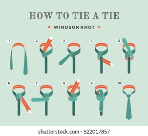 Instructions on how to tie a tie on the turquoise background of the eight steps. Windsor knot . Vector Illustration.