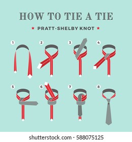 Instructions on how to tie a tie on the turquoise background of the six steps. Pratt-Shelby knot. Vector Illustration.