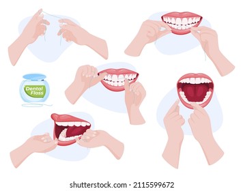 Instructions on how to use dental floss set vector flat illustration. Oral health care mouth and teeth hygiene isolated. Human dentistry hygienic daily procedure after eating medical educational image