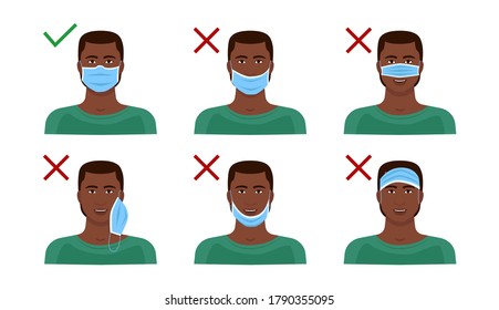 Instructions on how to wear a medical mask correctly. Visual explanation with a black man.