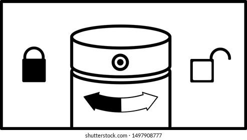 Instructions  to open a bottle of aerosol deodorant. The white arrow shows to open by turning the cover to the right. Black - close turning left. Spray cap and locks open and closed on the sides