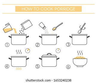 Instructions for the preparation of food. Steps how to cook porridge. Vector elements on a white background.