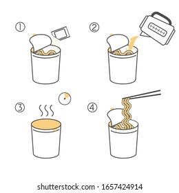 Instructions for the preparation of food. Steps how to cook instant noodles. Vector elements on a white background.