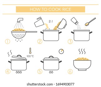 Instructions for the preparation of food. Steps how to cook rice. Vector elements on a white background.