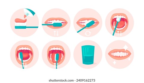 Instructions for proper brushing of teeth. Step-by-step guide for children. Isolated flat vector illustration