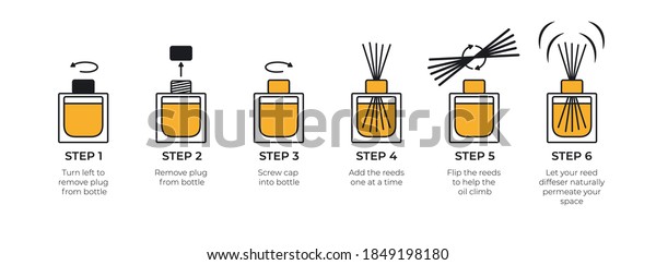 Instructions for a reed diffuser. Isolated icons on\
white background. Vector.\
