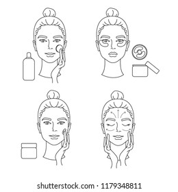 Instructions for skin care. Massage lines.  Line art. Beauty industry. Black outline icon set isolated on white background. Packaging with cosmetic.