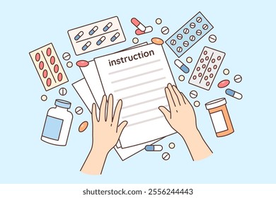 Instructions for taking medications and treatment on table among tablets and vitamins or antibiotics. Pharmacological instructions with treatment rules and list of side effects from painkillers