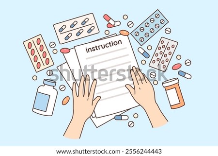 Instructions for taking medications and treatment on table among tablets and vitamins or antibiotics. Pharmacological instructions with treatment rules and list of side effects from painkillers