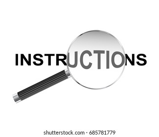 Instructions text viewed under magnifying glass illustration