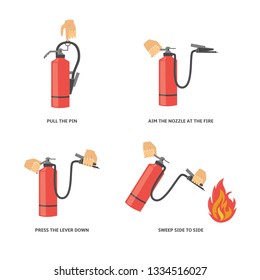 Instructions for use of a fire extinguisher. Fire safety equipment in flat cartoon style. Industrial safety isolated vector illustration on white background.