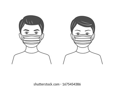 Instructions for use medical mask.Line art design. Isolated on white background