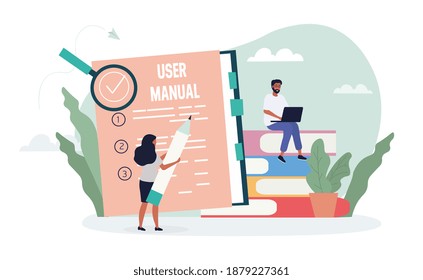 Instructions for Use with woman using a printed User Manual and man looking up the information online, flat cartoon colored vector illustration