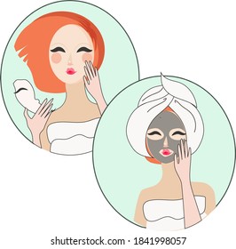 
Instructions for using a cosmetic mask. Illustration of young redhead girl for beaty industry.