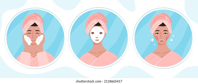 Instructions for using moisturizing mask concept. Young woman applies cosmetic product to skin, waits for absorption and washes. Daily beauty routine. Cartoon modern flat vector illustration